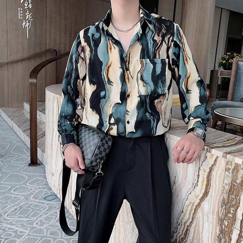 秋季红痞帅长袖印花衬衫轻奢花衬衣ins潮男宽松CS616,男装衬衫,电商B267