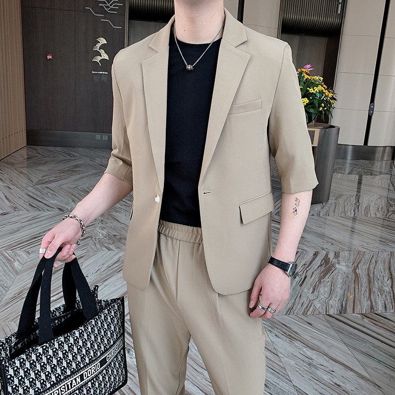 夏季韩版休闲薄款中袖西装男修身短袖西服套装九分裤-TZ61，男装西服套装，电商B267