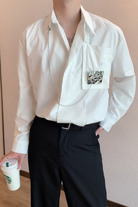 秋季红高级感小众长袖衬衫男金属装饰链条衬衣男 CS633图片