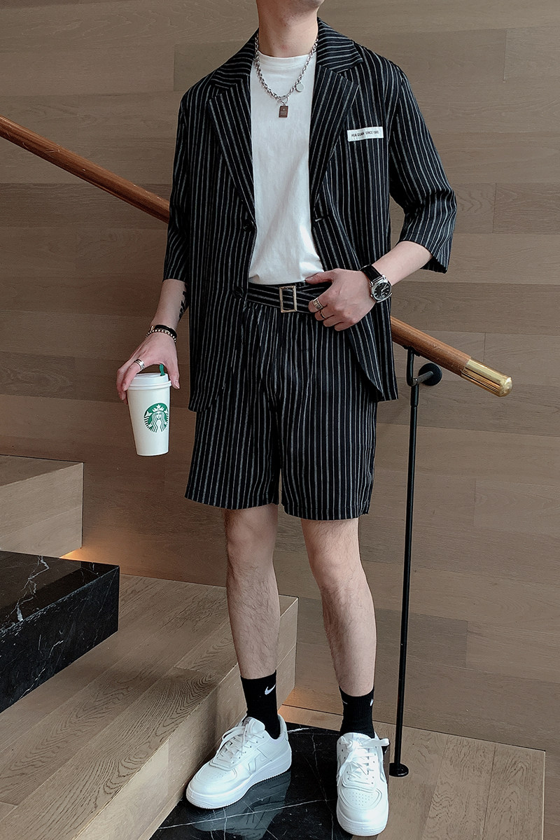 夏季韩版男士痞帅潮流宽松条纹短袖西服短裤套装A369-TZ006,男装西服套装,电商B267