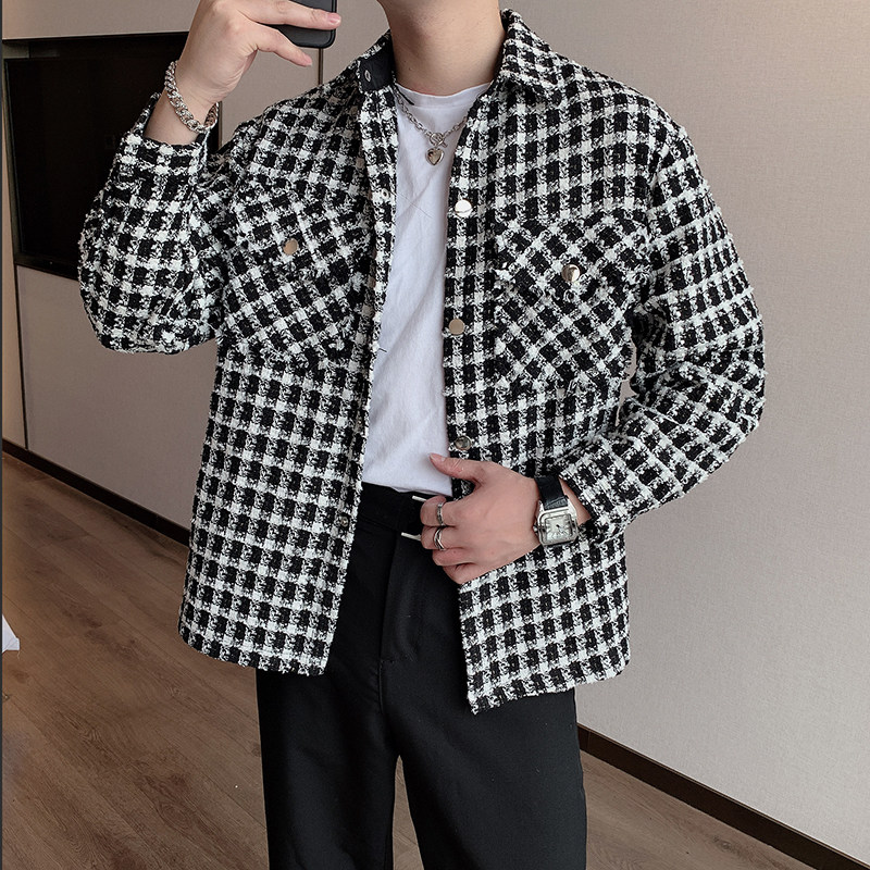 秋季韩版微松编织面料小香风格子毛边长袖衬衫男外套潮CS632,男装夹克,电商B267