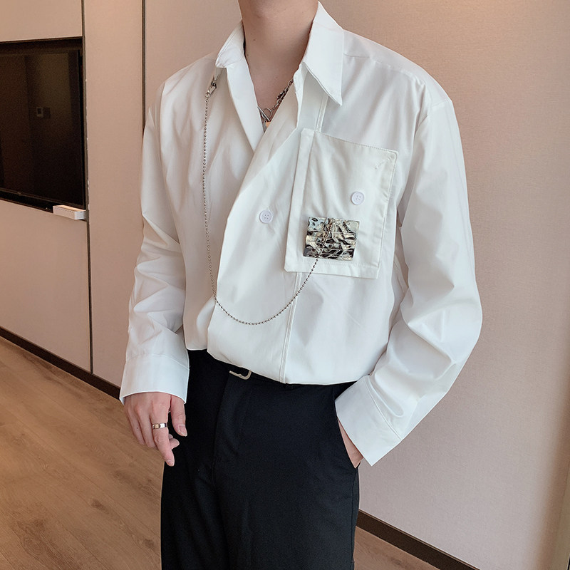 秋季红高级感小众长袖衬衫男金属装饰链条衬衣男CS633,男装衬衫,电商B267