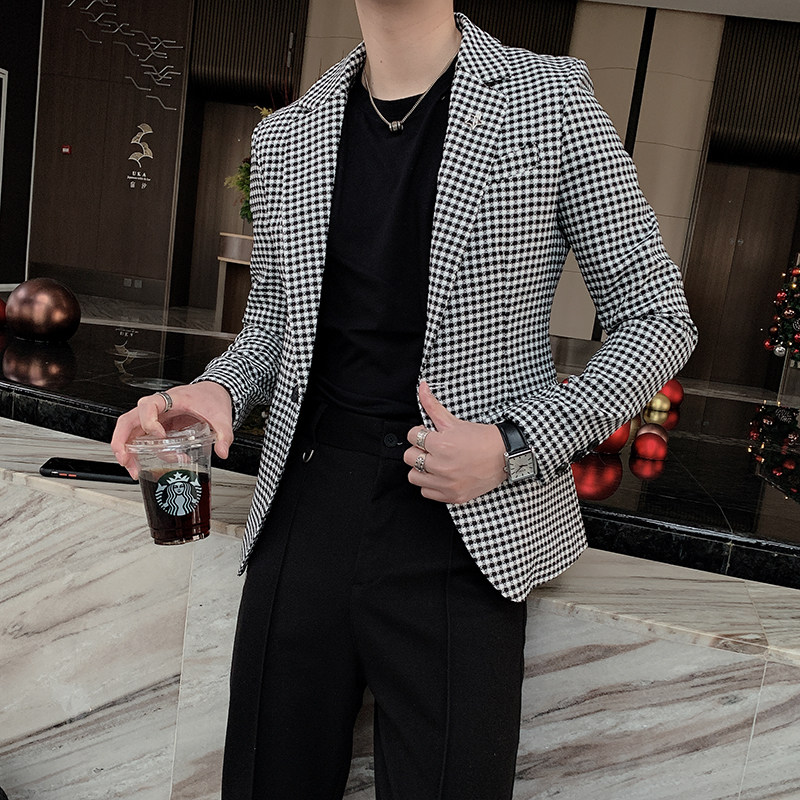 2021春季新款英伦男修身格子西装韩版格子西装潮 A369-XZ018图片