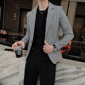 2021春季新款英伦男修身格子西装韩版格子西装潮 A369-XZ018图片