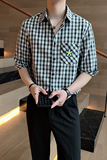 潮男格子衬衫英伦休闲贴花格子中袖七分袖衬衣男A369-CS287，男装衬衫，电商B267