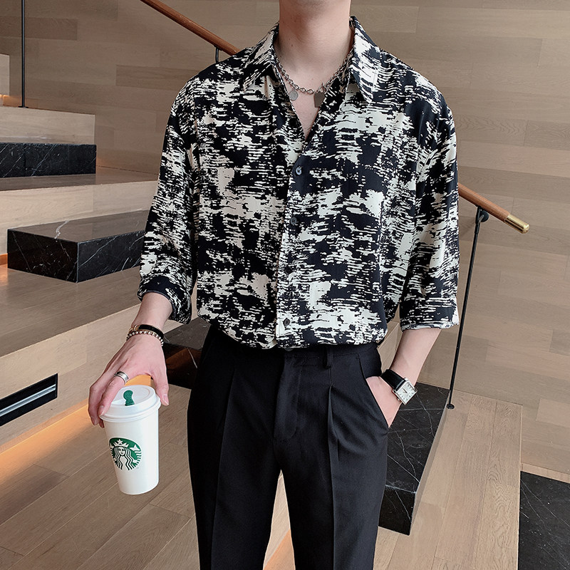 夏季韩版高级感花衬衣网红痞帅潮流七分袖衬衫男潮A369-CS285,男装衬衫,电商B267