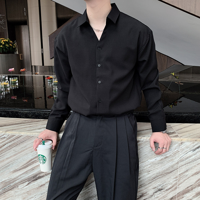 秋装红V领衬衫男长袖薄款潮流帅气纯色白衬衣青年CS625,男装衬衫,电商B267