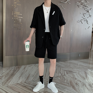 夏季韩版宽松网红休闲华夫格短袖西服男纯色套装 B267-TZ109图片