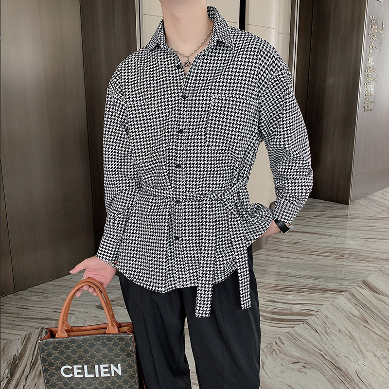 秋冬高级感腰带衬衫外套男千鸟格痞帅休闲长袖衬衣潮男 CS628图片
