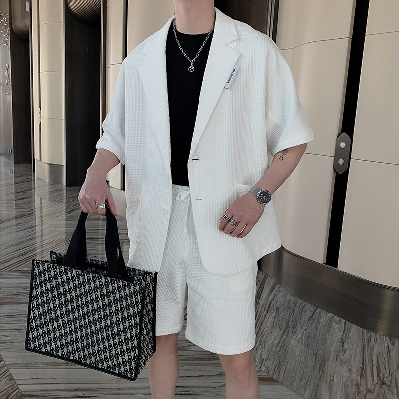 夏季韩版宽松网红休闲华夫格短袖西服男纯色套装B267-TZ109,男装西服套装,电商B267