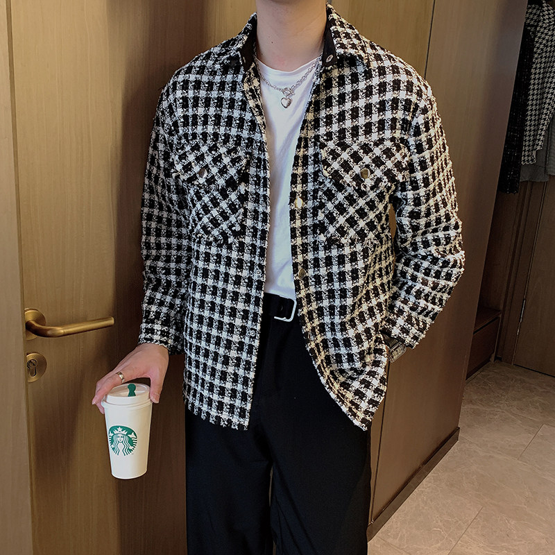 秋季韩版微松编织面料小香风格子毛边长袖衬衫男外套潮CS632,男装夹克,电商B267