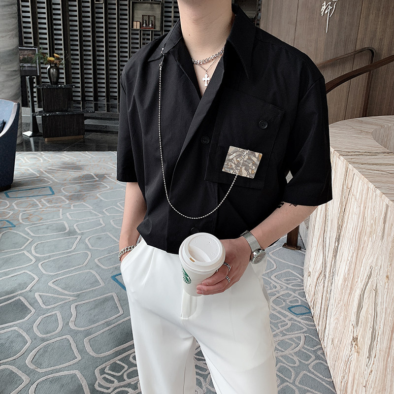夏季红高级感小众短袖衬衫男金属装饰设计衬衣男CS293,男装衬衫,电商B267