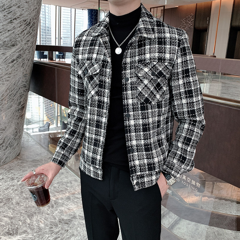 ins秋冬季格子外套男韩版修身潮流大衣短款夹克A369-8001图片