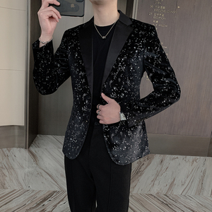 新款满天星平绒修身小西装外套男韩版网红夜店个性西服XZ022图片