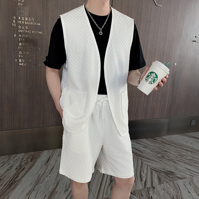 夏季韩版网红抖音男士华夫格马甲短裤套装背心发型师TZ113,男装休闲套装,电商B267