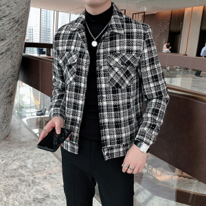 ins秋冬季格子外套男韩版修身潮流大衣短款夹克A369-8001图片