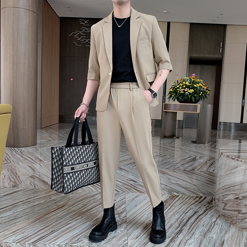 夏季韩版休闲薄款中袖西装男修身短袖西服套装九分裤-TZ61,男装西服套装,电商B267