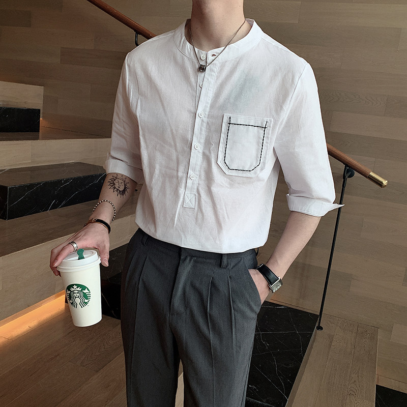 夏季五分袖亚麻休闲韩版衬衫男立领潮流棉麻中袖A369-CS030,男装衬衫,电商B267