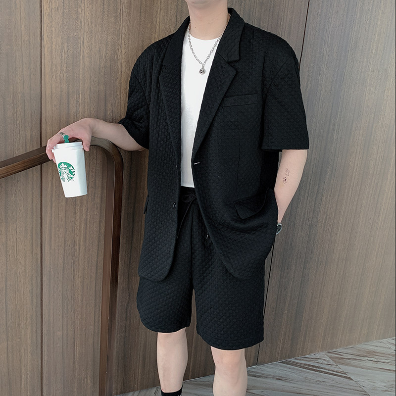 夏季韩版宽松网红休闲华夫格短袖西服男纯色套装B267-TZ112-P145,男装西服套装,电商B267