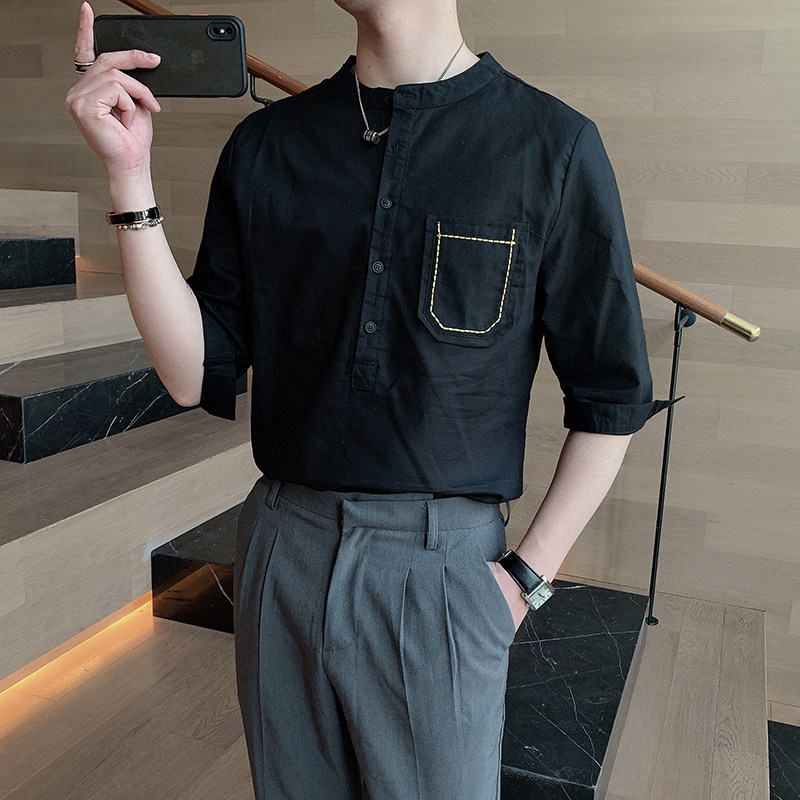 夏季五分袖亚麻休闲韩版衬衫男立领潮流棉麻中袖A369-CS030,男装衬衫,电商B267
