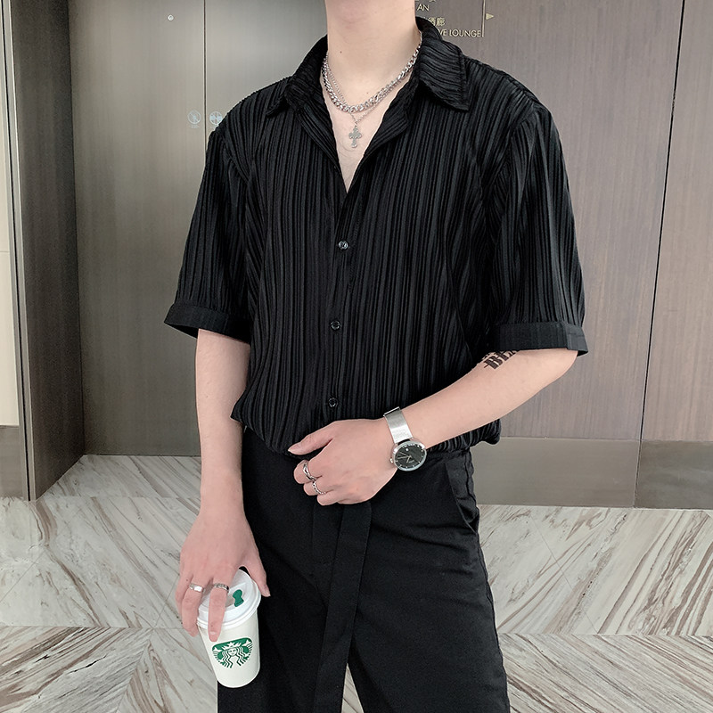 夏季韩版网红褶皱面料轻奢小众高级短袖衬衫男痞帅衬衣CS296,男装衬衫,电商B267