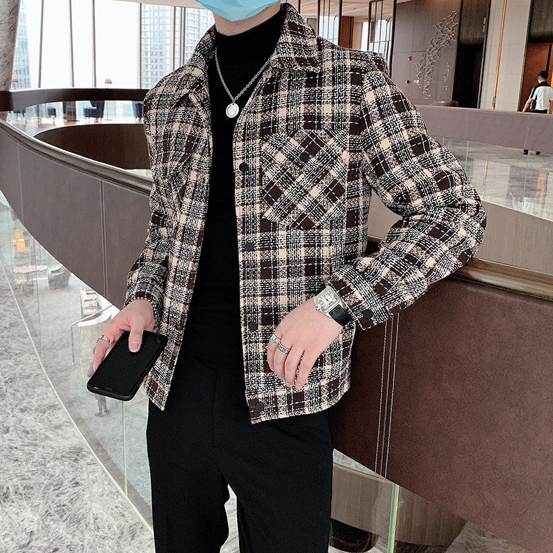 ins秋冬季格子外套男韩版修身潮流大衣短款夹克A369-8001,男装夹克,电商B267