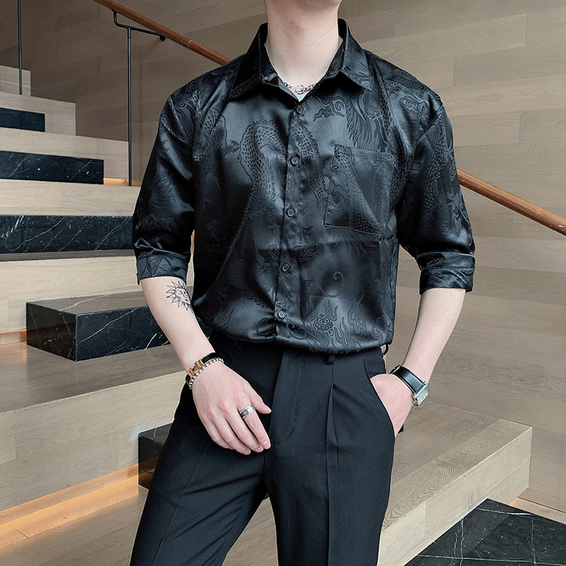 夏季in新品丝绸复古龙纹刺绣衬衫男修身中袖花衬衣A369-CS282图片