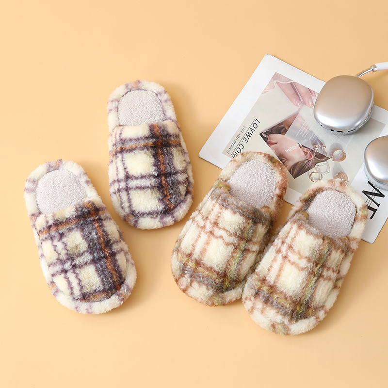 儿童拖鞋冬男童冬季复古格子毛绒包头女童居家防滑简约亲子棉拖鞋