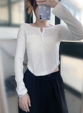 春纯欲风BM短款修身长袖休闲百搭口袋螺纹高级内搭打底衫