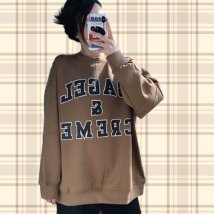 早春BF男友风太空棉宽松慵懒字母印花圆领套头卫衣小众女