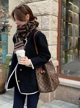 春季黑色圆领复古小香风单排扣名媛黑色毛呢羊毛短外套女