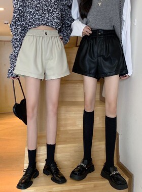 早春高腰网红超火百搭休闲阔腿裤直筒显瘦休闲pu皮短裤女