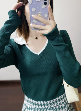 春绿色气质酒午港风复古浪漫修身拼色翻领长袖上衣针织衫