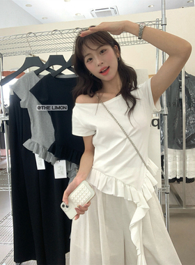 Fanny of Fun不规则荷叶边短袖T恤女夏季新款修身显瘦露肩上衣女