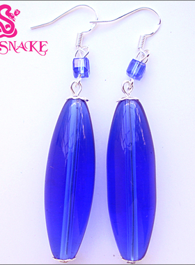ER74MuralaGlass出口意大利 琉璃纯深蓝色橄榄形 长 耳坠耳环饰品