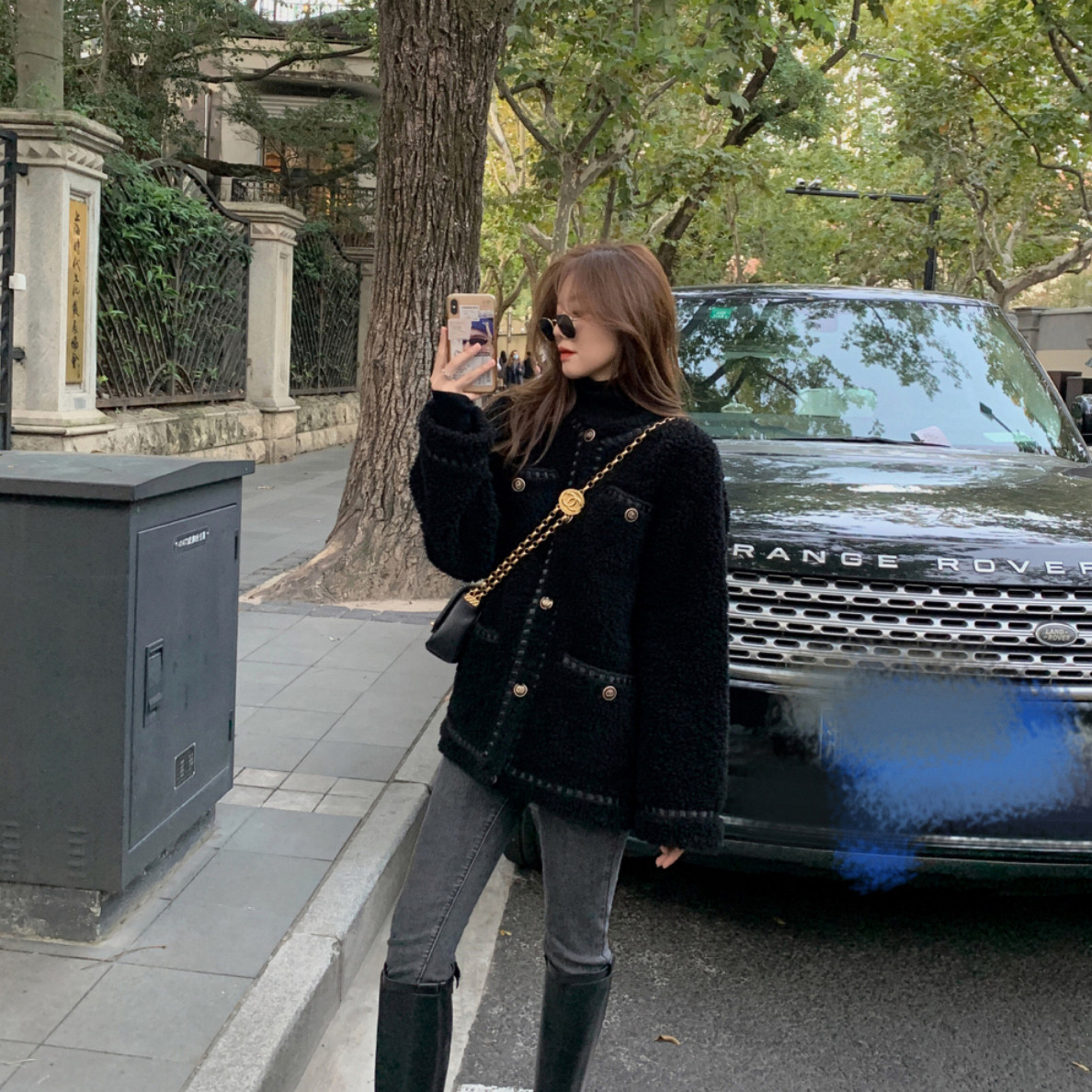 小香风羊羔毛黑色外套女秋冬韩版皮毛一体颗粒绒加厚宽松短款棉服