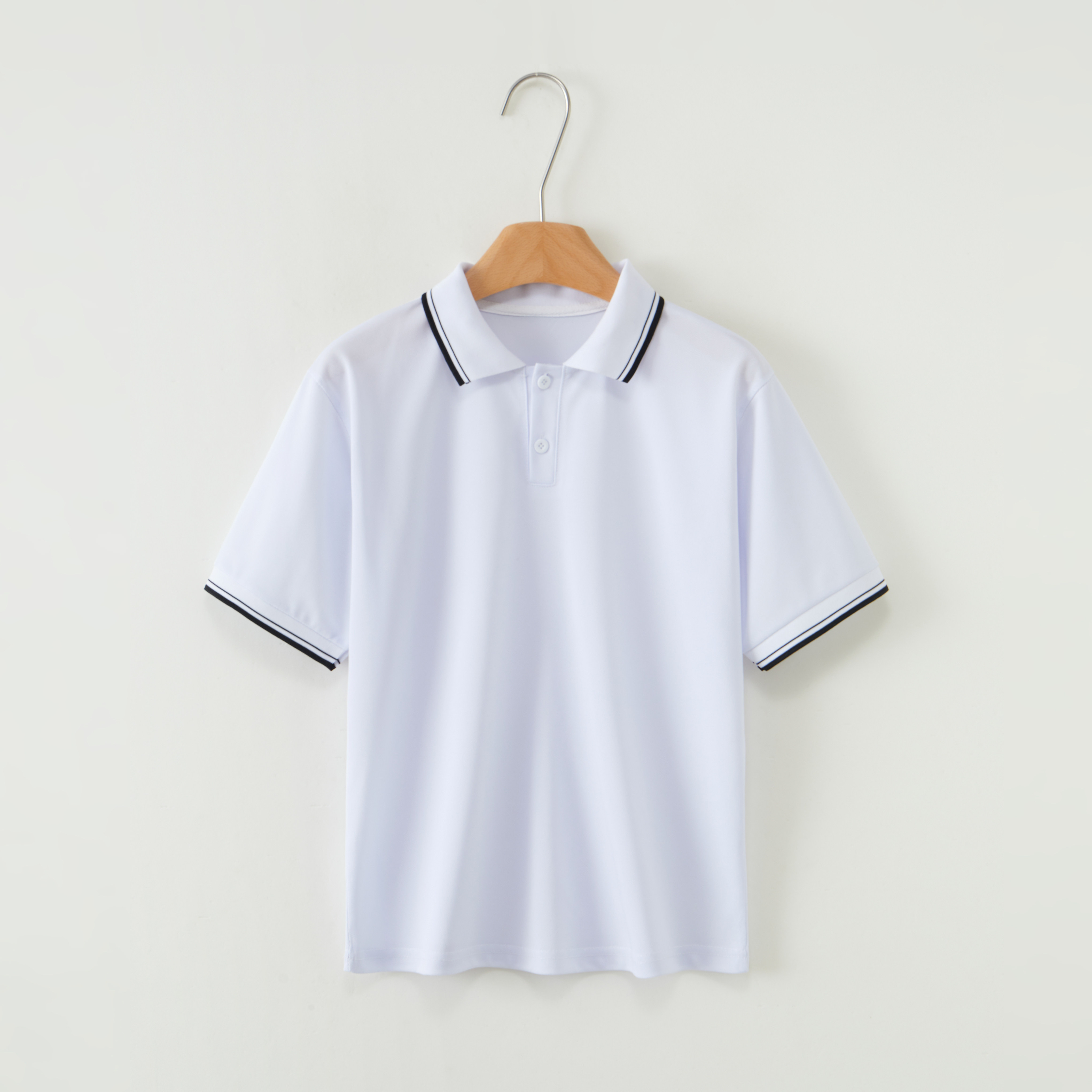 撞色短袖POLO衫学生校服白色翻领黑边男女夏季班服纯白色上衣薄款