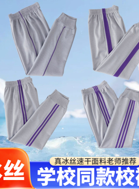 浅灰色冰丝薄款校服裤一二三道杠紫色条纹男女学生同款儿童束脚裤