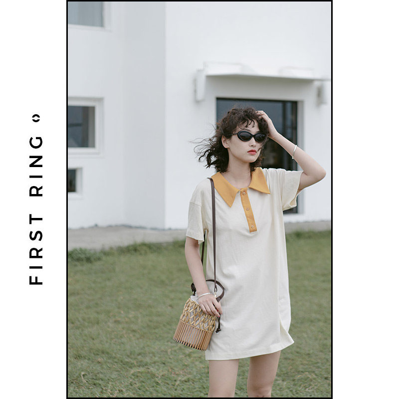 First Ring 乖仔Polo裙 宽松米白色撞姜黄领连衣裙短裙女夏|msdalam kategori Butik wanita / wanita, pakaian - dari Buy2taobao.com untuk memberikan perkhidmatan ejen Taobao profesional membeli