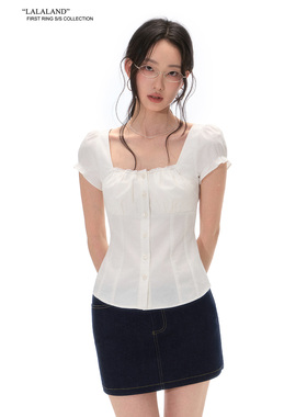 First Ring 白色大方领泡泡袖设计收腰衬衫女显瘦短款小衫上衣