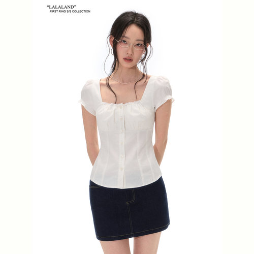 First Ring 白色大方领泡泡袖设计收腰衬衫女显瘦短款小衫上衣