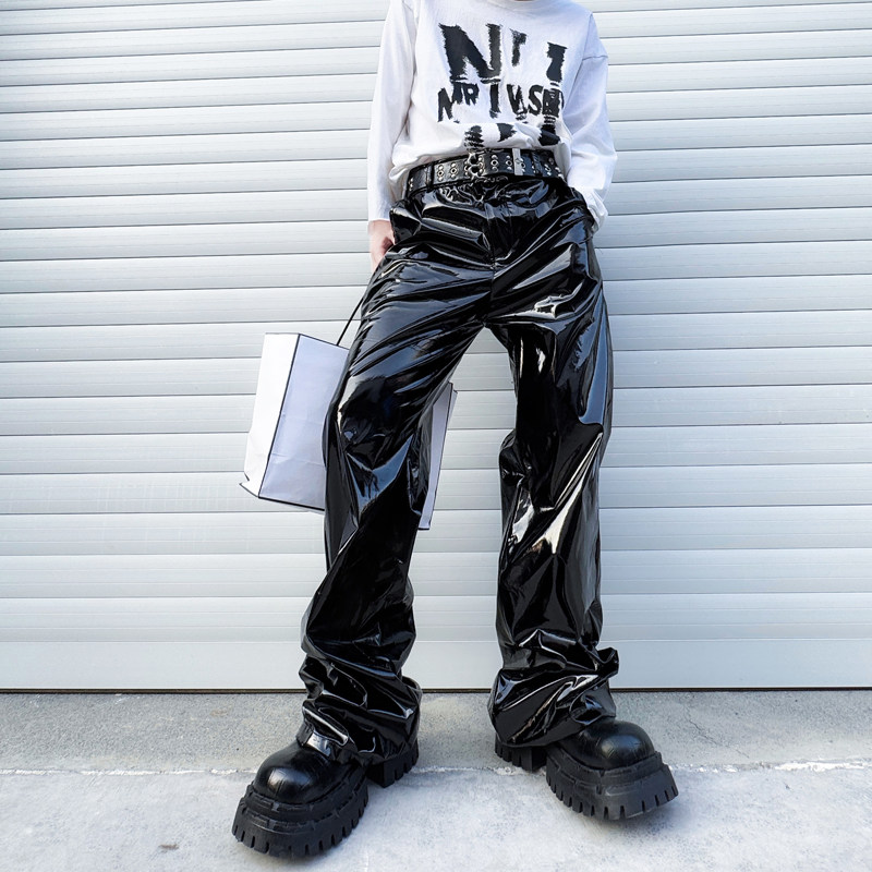 Kişi üçün parlaq dəri şalvar, punk üslubu