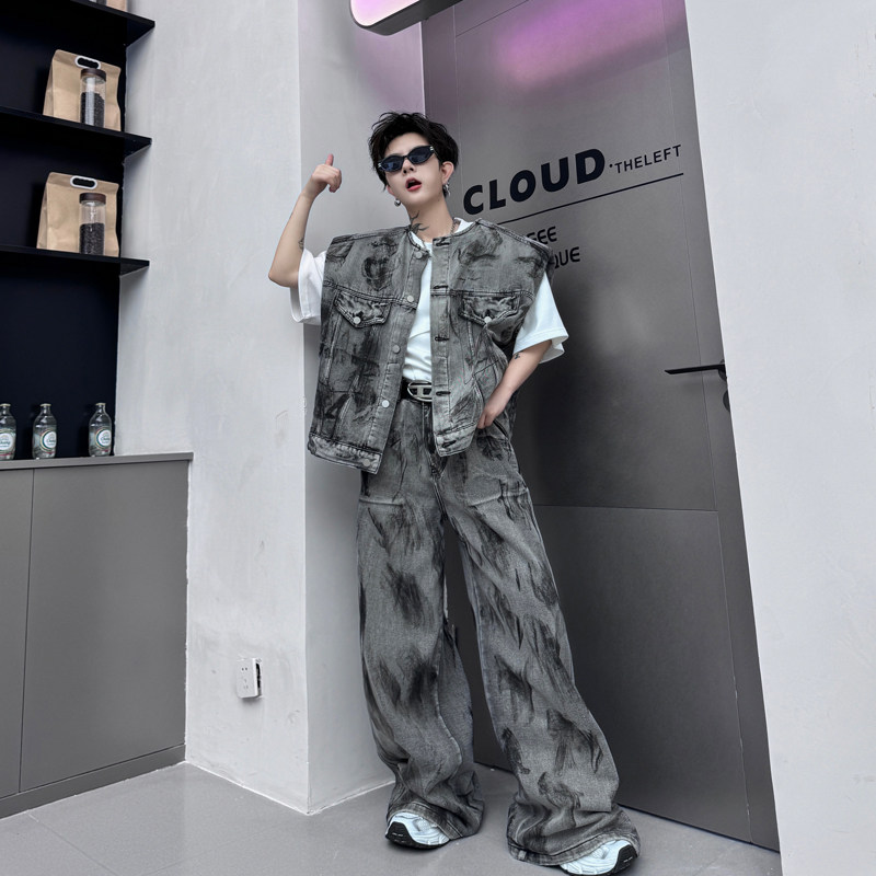 한국 복고풍 손으로 그린 ????어깨 패드 데님 조끼 정장 남자 디자인 넓은 다리 바지 거리 투피스 세트