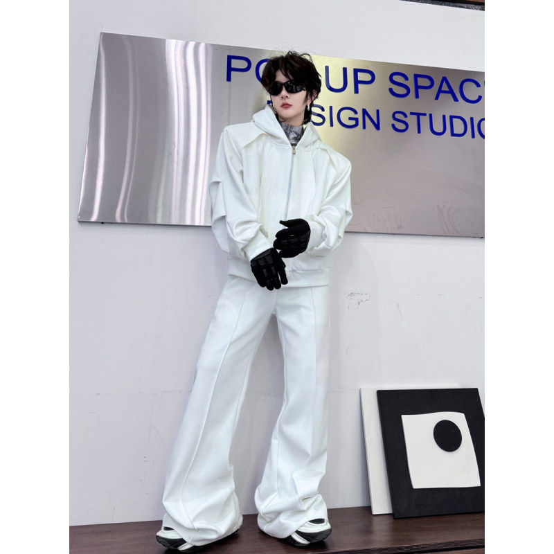 봄 틈새 구조 스플 라이스 후드 가디건 스웨트 셔츠 정장 남성 디자인 와이드 레그 바지 고급 투피스 트렌디 세트