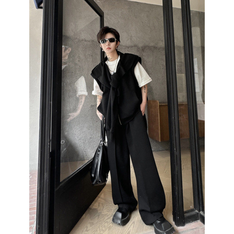 여름 한국 복고풍 가짜 투피스 디자인 후드 어깨 패드 조끼 정장 남성 캐주얼 스포츠 바지 투피스 세트