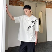 小众竹子刺绣设计感复古国风半袖 改良中式 上衣 盘扣T恤男短袖 夏季