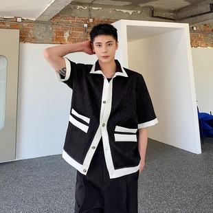 小众黑白撞色设计感韩版 夏季 小香风立体提花衬衫 男短袖 高级衬衣潮