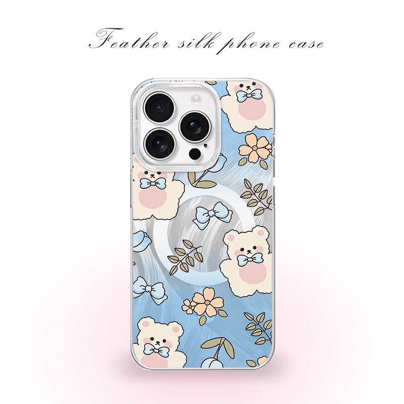 碎花领结小熊用于iPhone17pro/16promax手机壳华为mete80一加13磁吸vivoS30羽纱红米K80小米17OPPO
