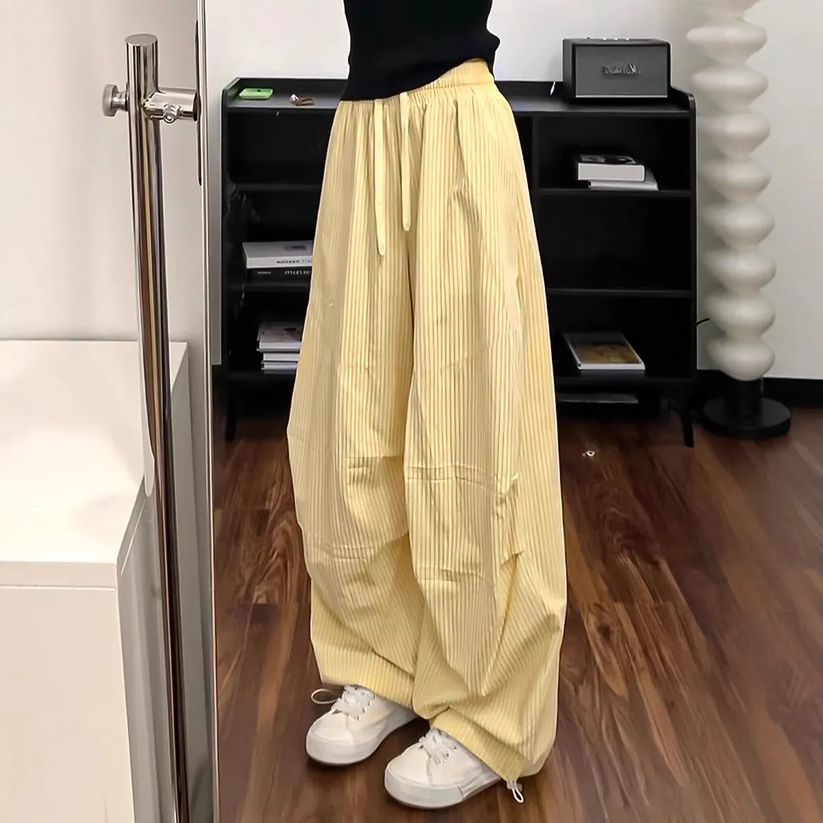 多巴胺黄色条纹刺绣工装裤女夏季宽松休闲阔腿裤秋季爵士跳舞裤子