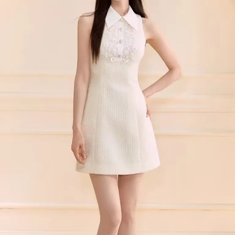 蕾丝珍珠无袖千金风连衣裙女夏季重工显瘦洋气短裙a字裙2087